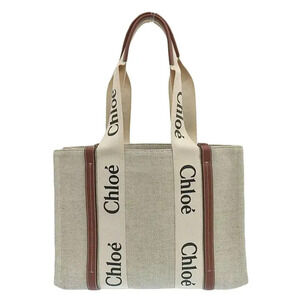 Chloe Woody Tote Shoulder Bag Canvas Leather Brown Tan